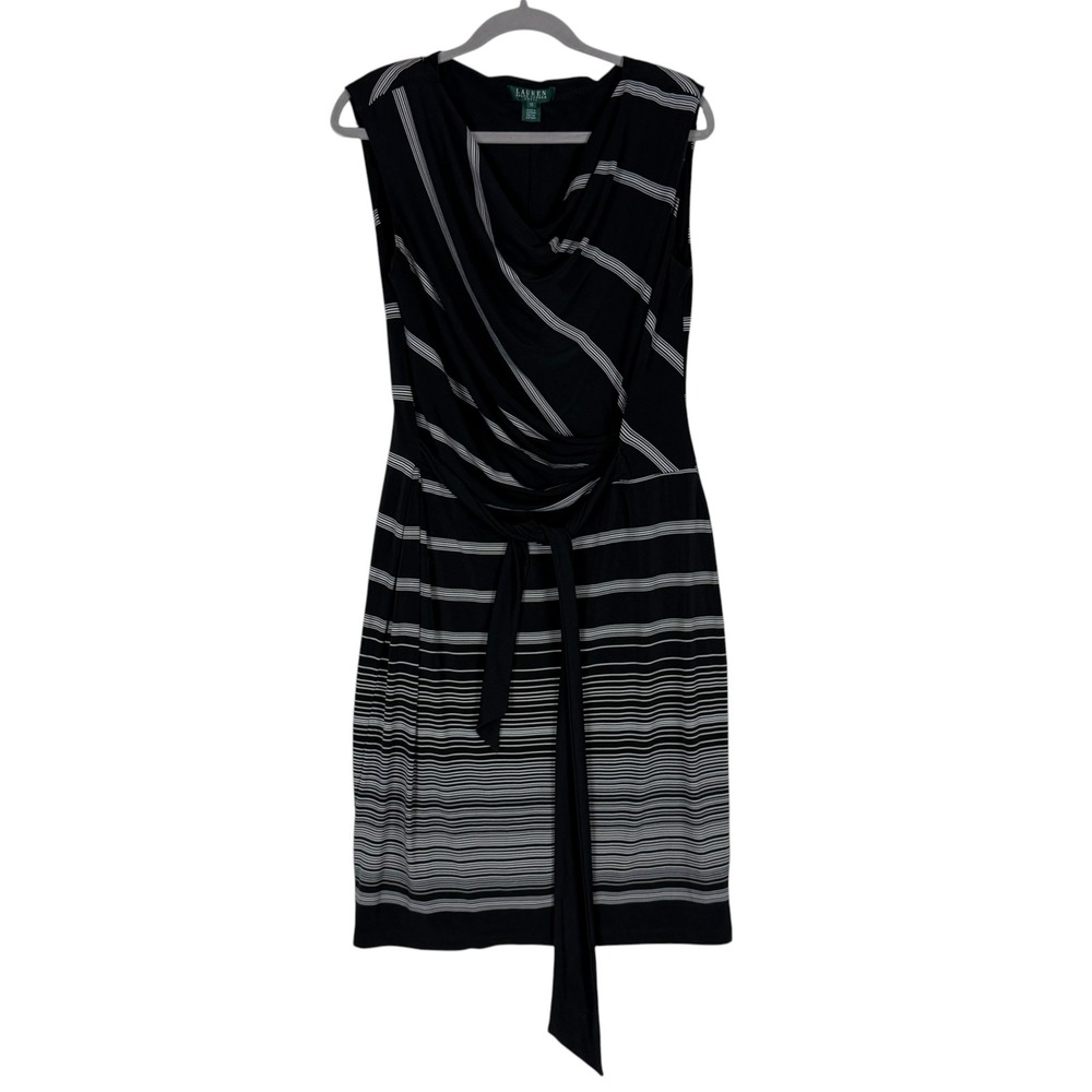Lauren Ralph Lauren Dress Womens 12 Black Stripe Cowl Neck Sheath Belted Jersey